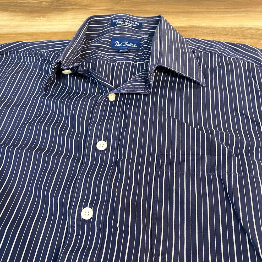 Paul Frederick Shirt Mens 16-33 Navy White Stripe 100% Cotton Broadcloth